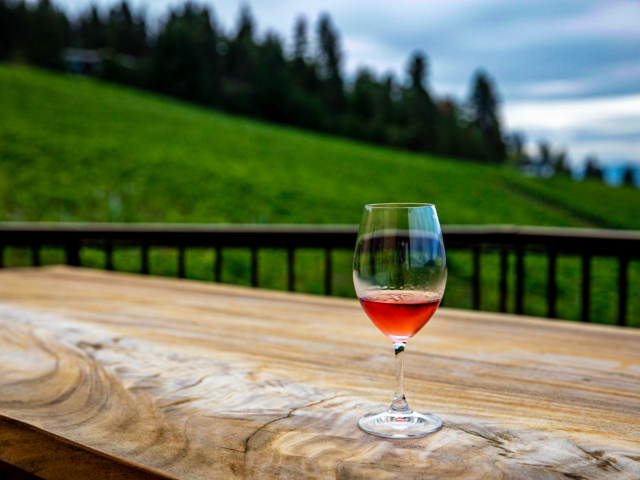 Wine on patio at Gray Monk Estate Winery in Lake Country, British Columbia