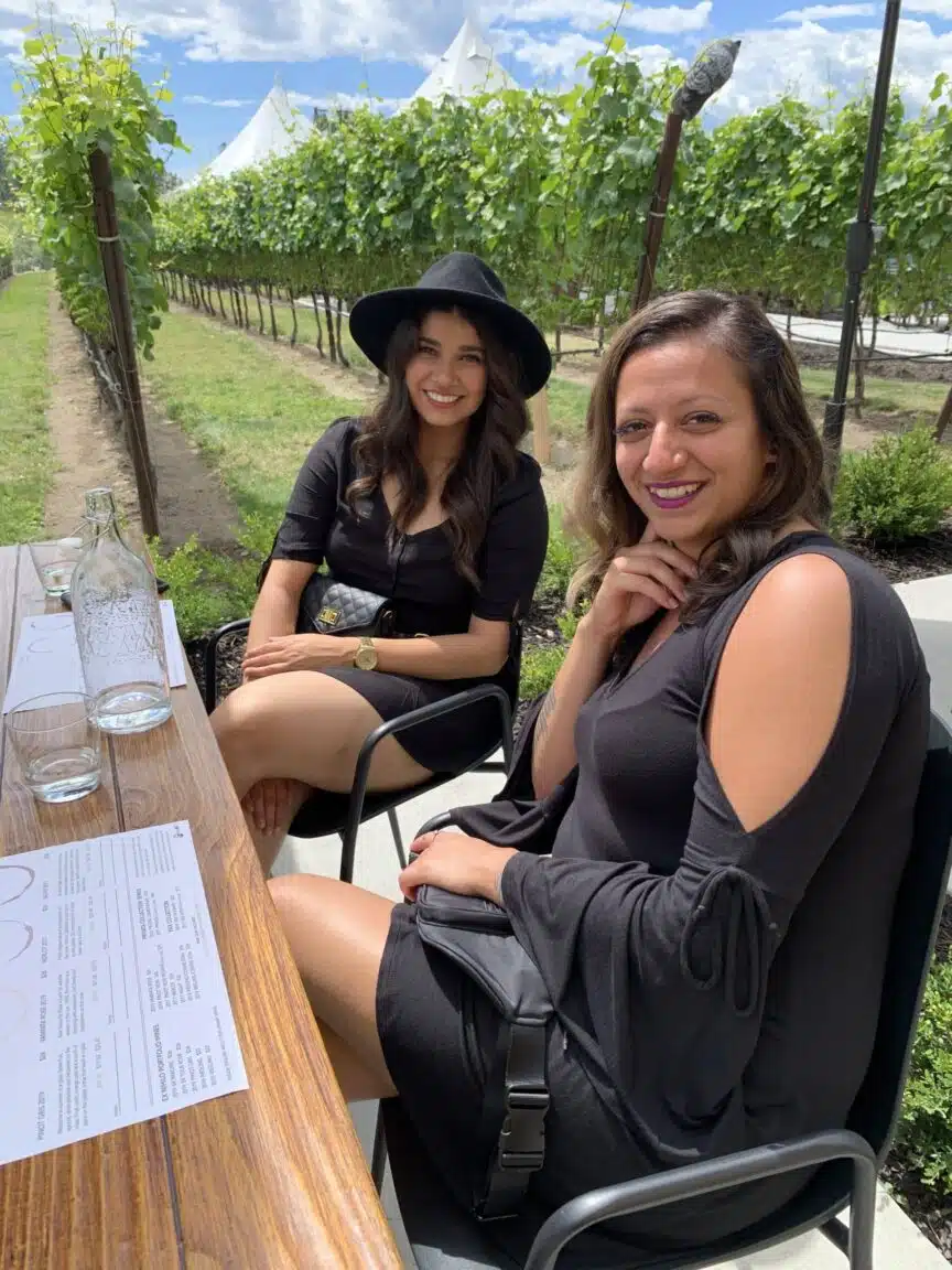 Smiles and seated wine tasting in British Columbia