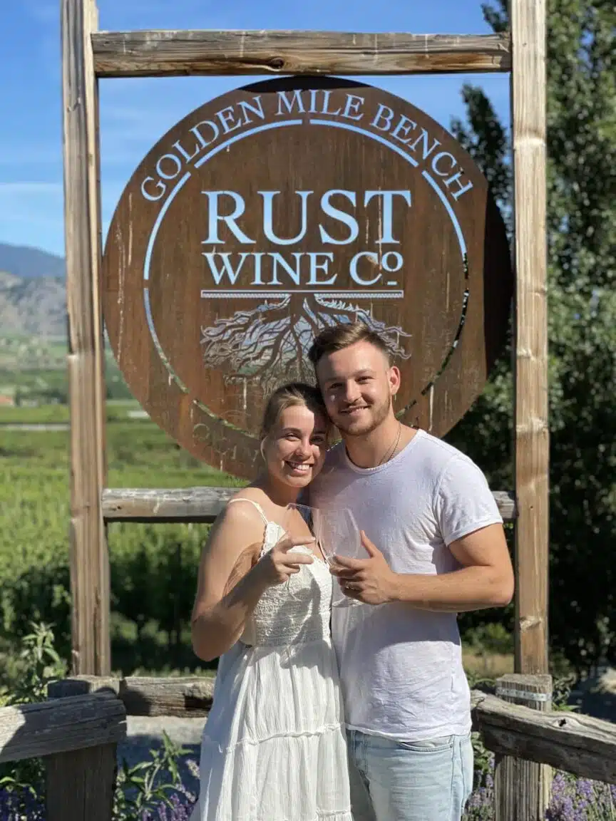 A couple enjoying a wine tasting at Rust Wines, Osoyoos, British Columbia