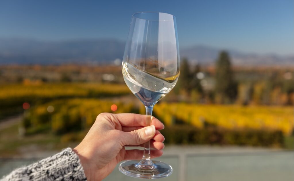 Wine glass and tasting near vineyard, Kelowna, British Columbia